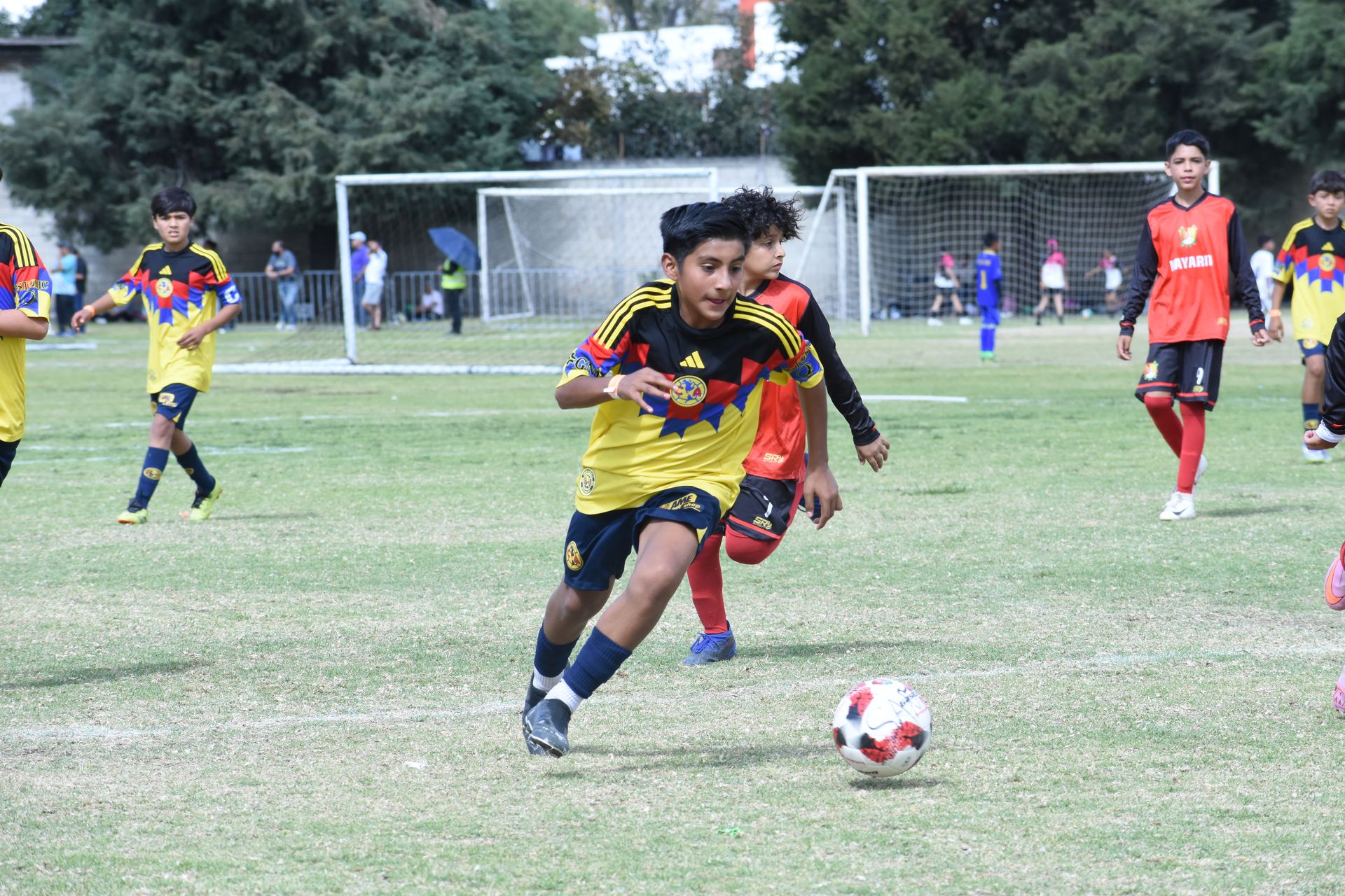 A player dribbling at speed across the field